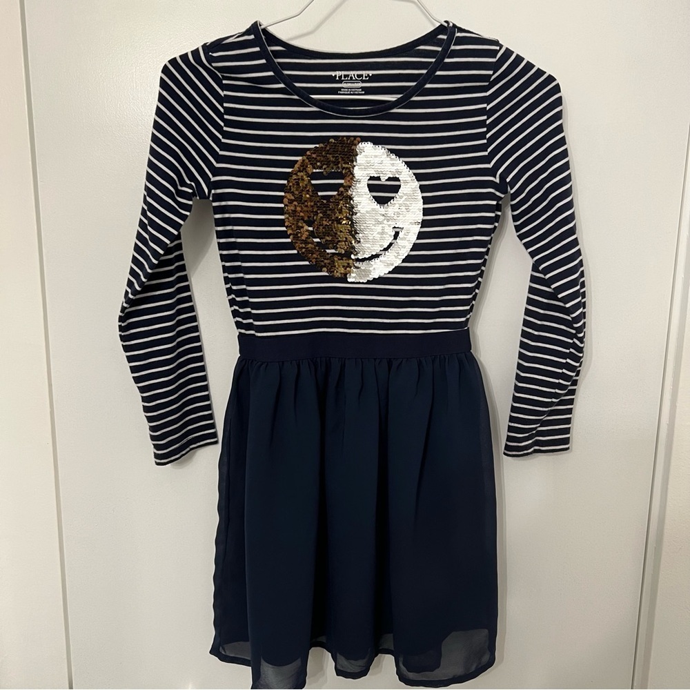 Girls Flip Sequin Dress Smiley Face Blue White Stripe The Childrens Place 7/8 M - Picture 9 of 11
